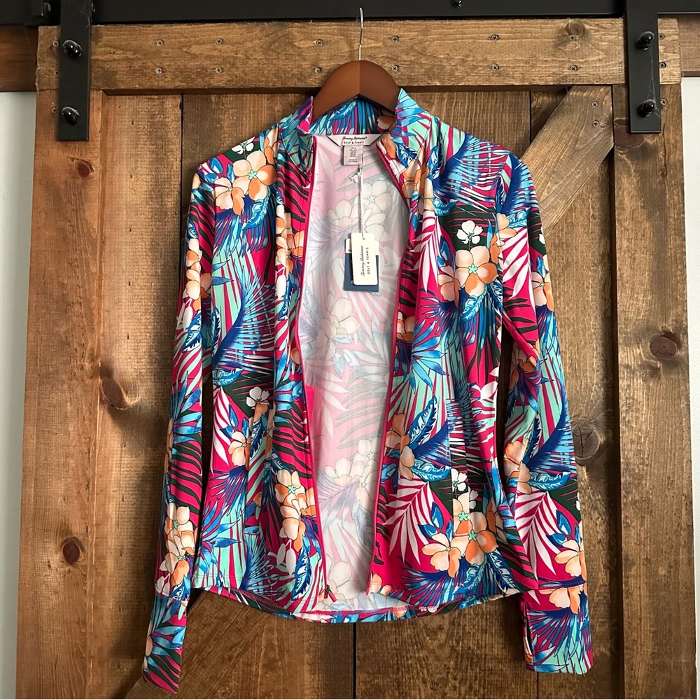 New! 🌺 Tommy Bahama Full Zip Active Gold & Tennis Floral Jacket Size Small - Picture 7 of 11